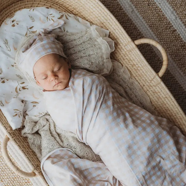 Sand Gingham Jersey Wrap and Beanie Set