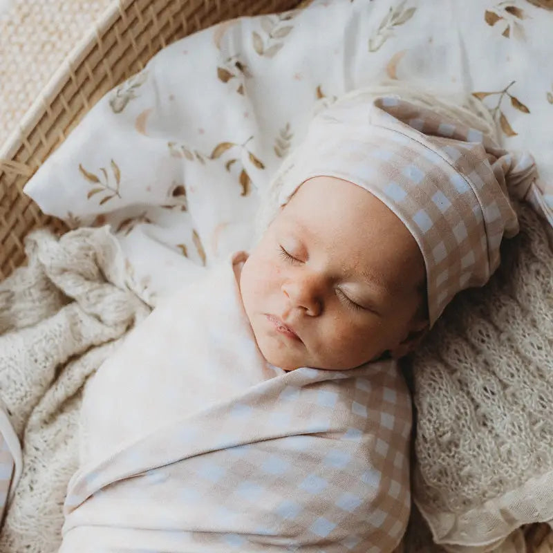 Sand Gingham Jersey Wrap and Beanie Set