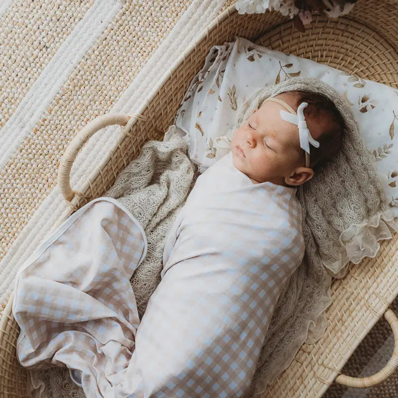 Sand Gingham Jersey Wrap and Beanie Set